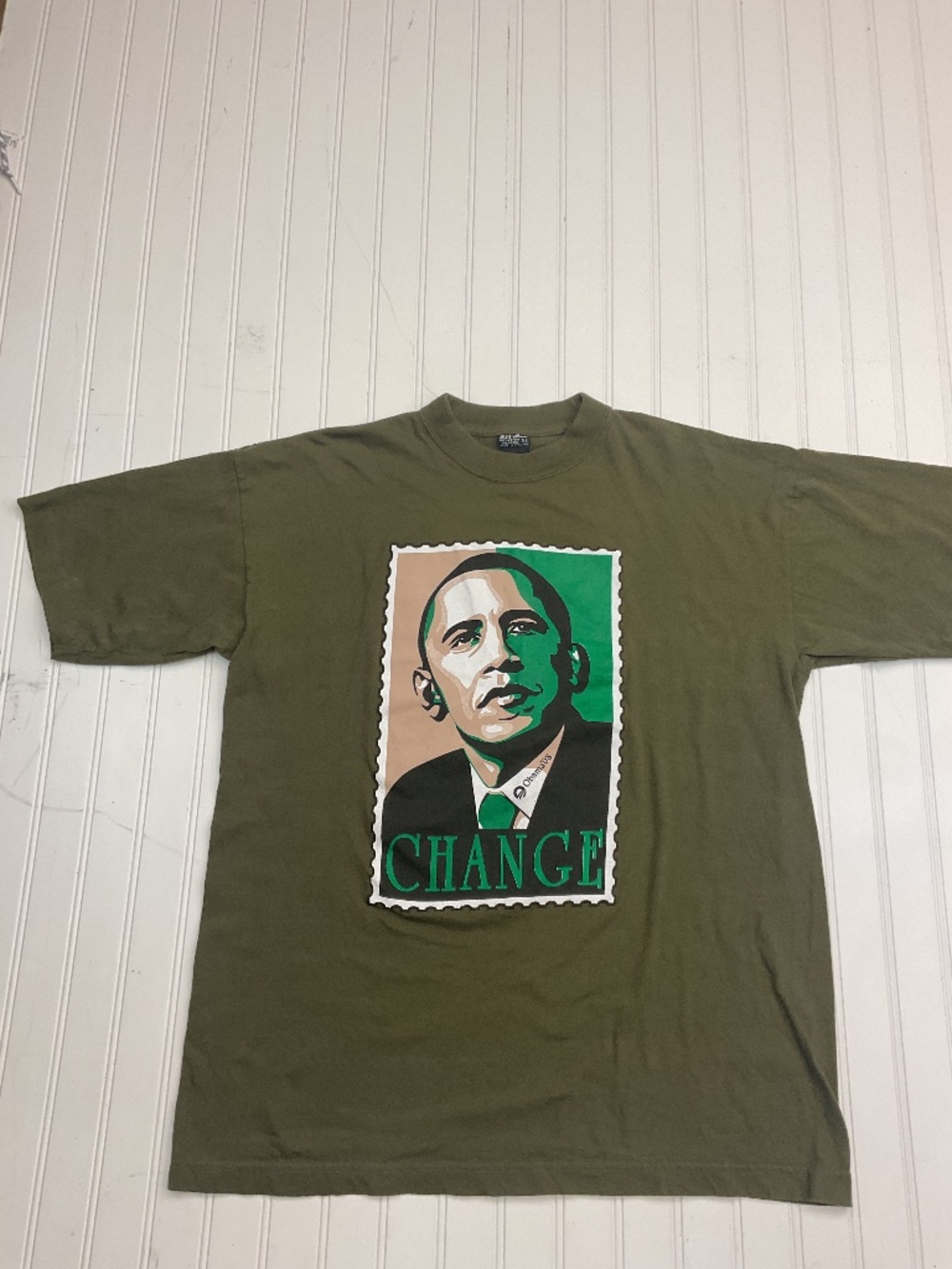 Vintage 2008 Barack Obama Change Stamp Campaign T-Shirt XL Olive Green
